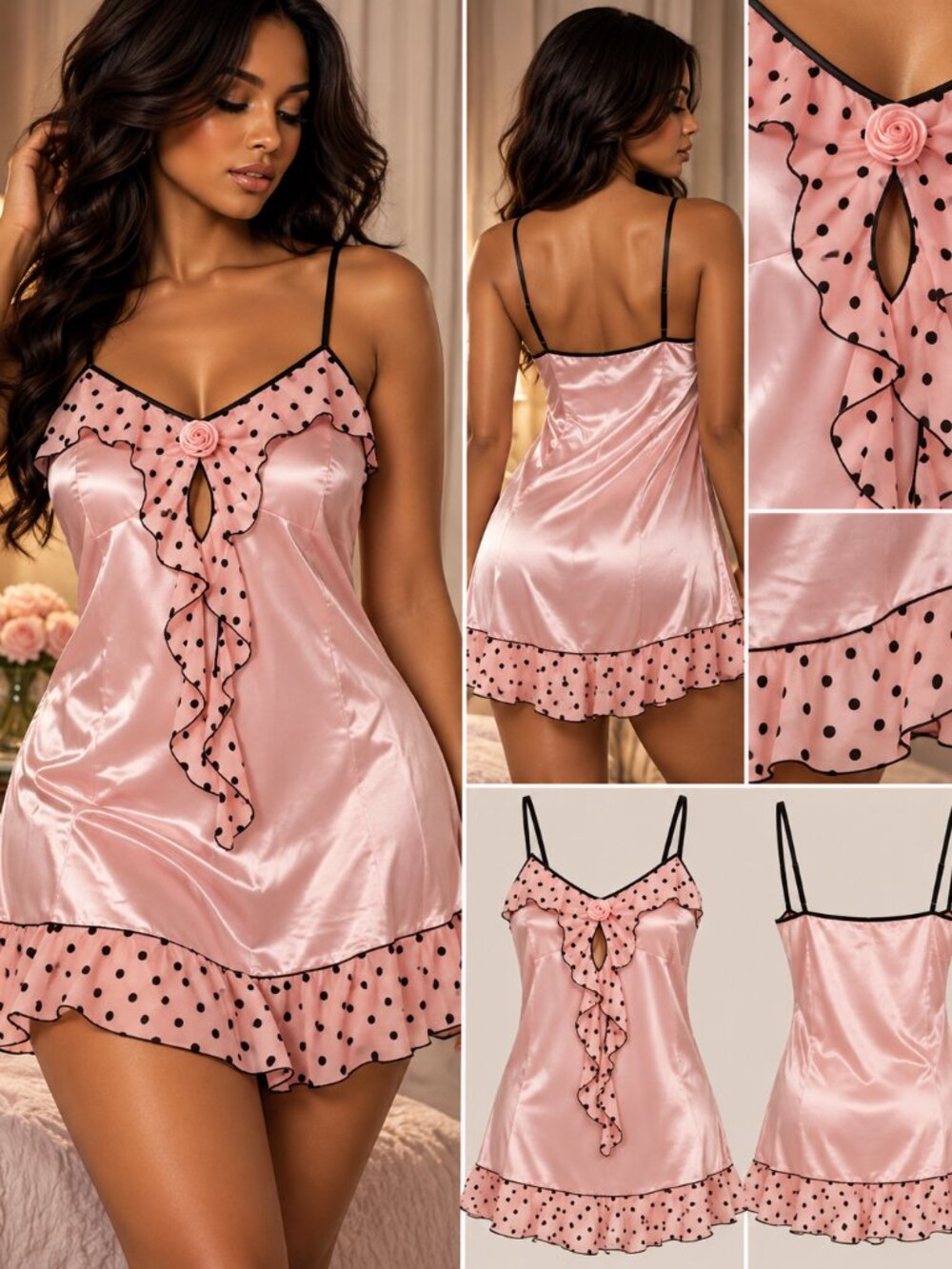 Blush Pink Satin Polka Dot Chemise | Boutique Lingerie | S/M — $60